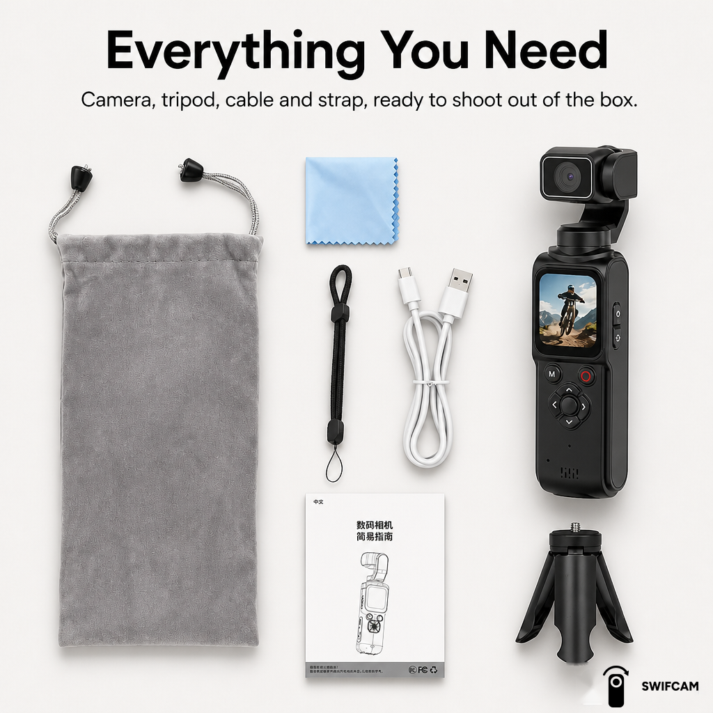 What is in the box: camera, mini tripod, USB-C cable, wrist strap, cloth and pouch