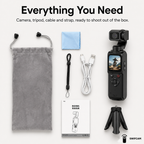 What is in the box: camera, mini tripod, USB-C cable, wrist strap, cloth and pouch